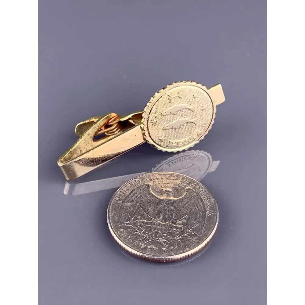 Pisces Fish Water Tie Clip Bar Gold Tone Astrology Sign Zodiac Horoscope Vintage